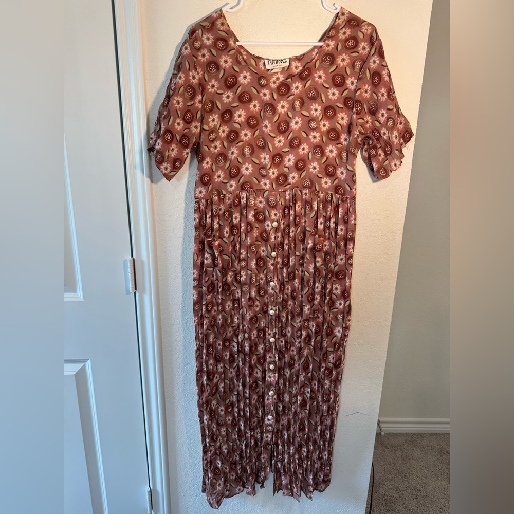 Timing Vintage Floral Semi Sheer Short Sleeve Button Down Maxi Dress Size Large